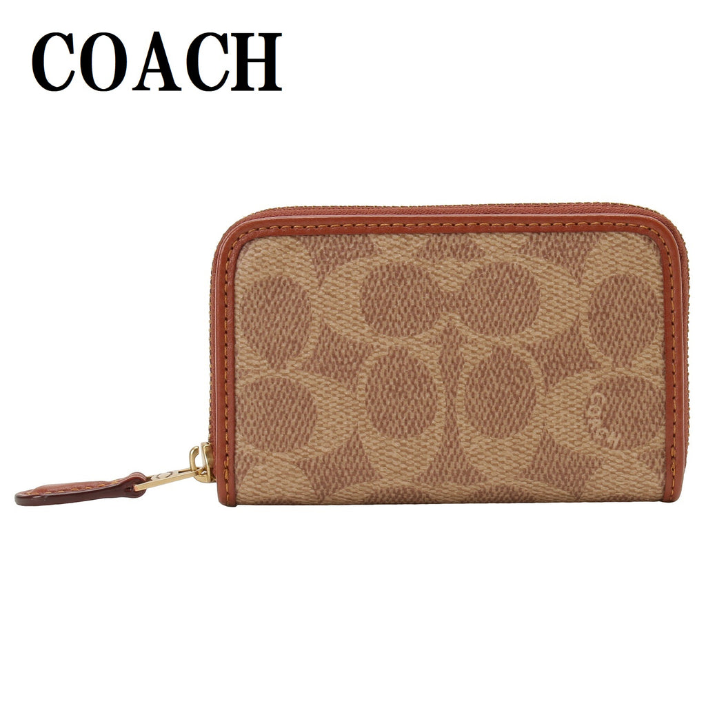 COACH SIGNATURE SMALL ZIP AROUND CARD CASE C6725 B4NQ4 TAN RUST